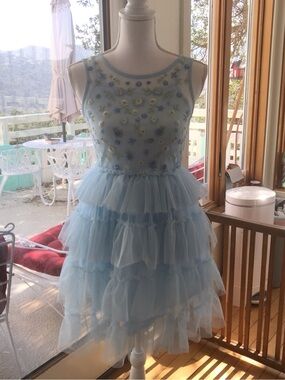 Cat & Jack Light Blue Tiered Tulle Dress with White and Yellow Floral Appliqué
